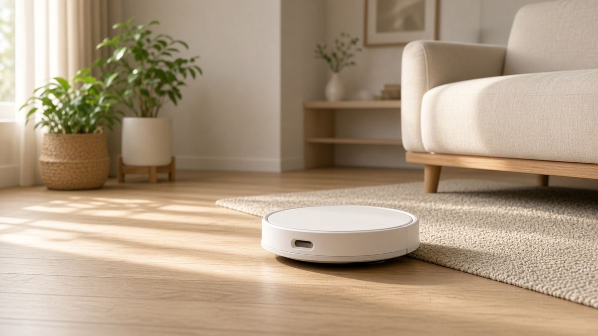 Белый робот-пылесос на светлом паркете в уютной гостиной