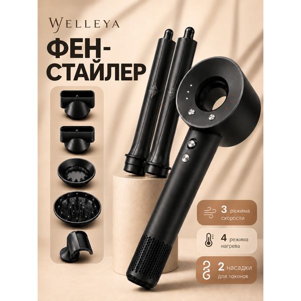 Фен Welleya с насадками 5 в 1, 2500 Вт, ионизация — фото с карточки товара